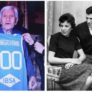 Giorgio Bongiovanni che festeggia le 100 candeline e, a destra, un'immagine con la moglie, Franca Ronchetti (mancata nel 2018).