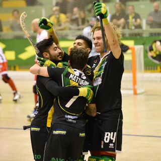 I giocatori di Engas Hockey Vercelli festeggiano una rete (foto Ilaria Pozzato)