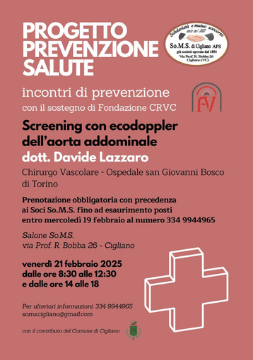 Screening dell'aorta addominale con ecodoppler alla So.M.S. di Cigliano Screening dell'aorta addominale con ecodoppler alla So.M.S. di Cigliano