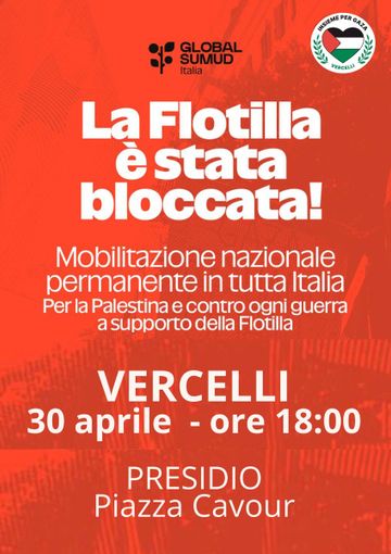 Presidio in piazza Cavour alle 18 per la Global Sumud Flotilla intercettata da Israele Presidio in piazza Cavour alle 18 per la Global Sumud Flotilla intercettata da Israele