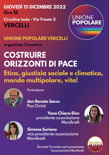 “Costruire orizzonti di pace”: incontro al Circolino il 15 dicembre “Costruire orizzonti di pace”: incontro al Circolino il 15 dicembre