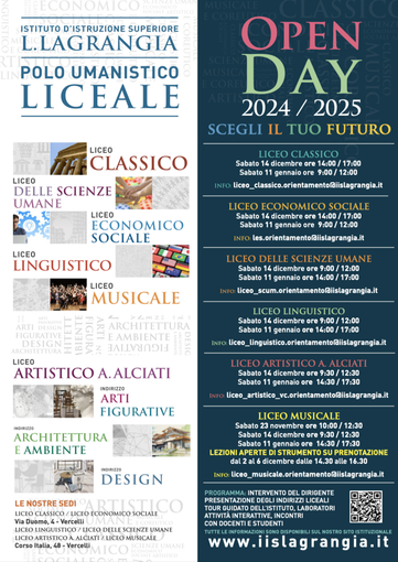 Open day, sabato 14, al Liceo Lagrangia Open day, sabato 14, al Liceo Lagrangia