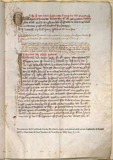 La copia autenticata dal testamento di Guala Bichieri conservata nel fondo dell'ospedale Sant'Andrea