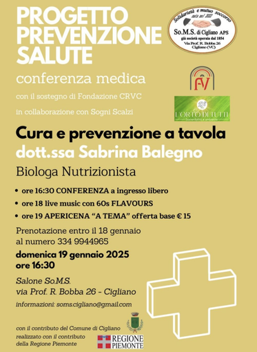 "Cura e prevenzione a tavola" alla SOMS di Cigliano