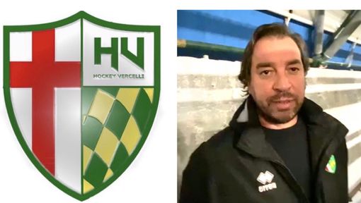 A sinistra lo stemma di Engas Hockey Vercelli, a destra il direttore sportivo di HV, Davide Costanzo A sinistra lo stemma di Engas Hockey Vercelli, a destra il direttore sportivo di HV, Davide Costanzo