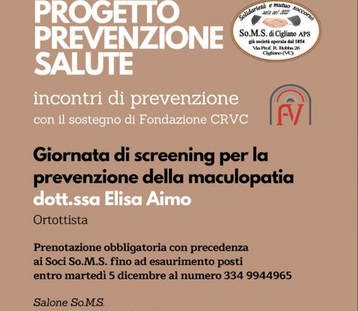 Prevenzione della maculopatia: screening a Cigliano Prevenzione della maculopatia: screening a Cigliano
