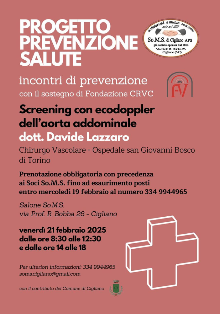 Screening dell'aorta addominale con ecodoppler alla So.M.S. di Cigliano