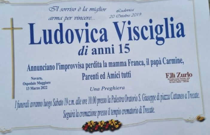 Sabato l'addio a Ludovica, morta a 15 anni su una giostra