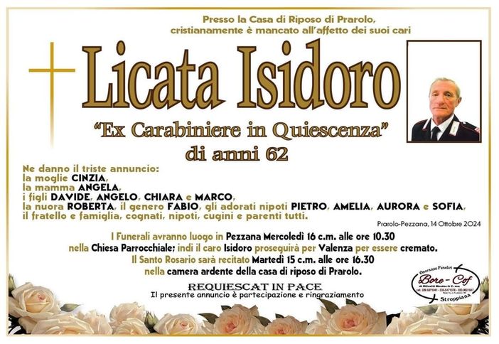 Condoglianze dall'Engas per la scomparsa del Maresciallo Licata Condoglianze dall'Engas per la scomparsa del Maresciallo Licata