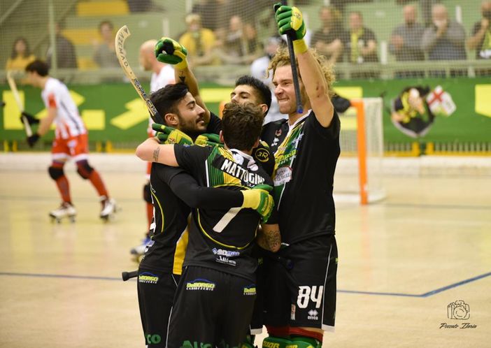 I giocatori di Engas Hockey Vercelli festeggiano una rete (foto Ilaria Pozzato)