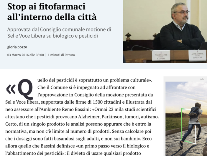 La pagina de La Stampa che, nel 2016, annunciava lòa mozione per l'interruzione dei pesticidi in territorio comunale La pagina de La Stampa che, nel 2016, annunciava lòa mozione per l'interruzione dei pesticidi in territorio comunale