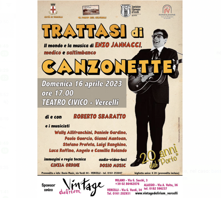 Il mondo e la musica di Enzo Jannacci, domenica 16 aprile alle ore 17 al Civico Il mondo e la musica di Enzo Jannacci, domenica 16 aprile alle ore 17 al Civico