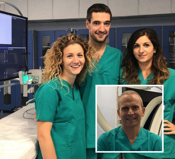 I componenti del team di Elettrofisiologia (da sin. Federica De Vecchi, Mario Matta e Chiara Devecchi) e nel riquadro il primario Francesco Rametta I componenti del team di Elettrofisiologia (da sin. Federica De Vecchi, Mario Matta e Chiara Devecchi) e nel riquadro il primario Francesco Rametta