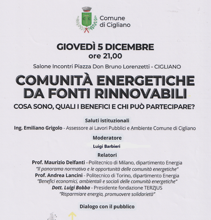 Cigliano: incontro sulle Comunità Energetiche da fonti Rinnovabili Cigliano: incontro sulle Comunità Energetiche da fonti Rinnovabili