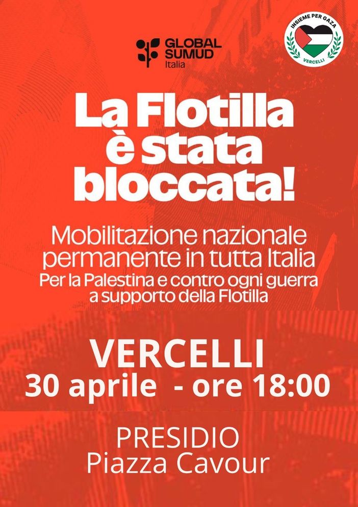 Presidio in piazza Cavour alle 18 per la Global Sumud Flotilla intercettata da Israele Presidio in piazza Cavour alle 18 per la Global Sumud Flotilla intercettata da Israele