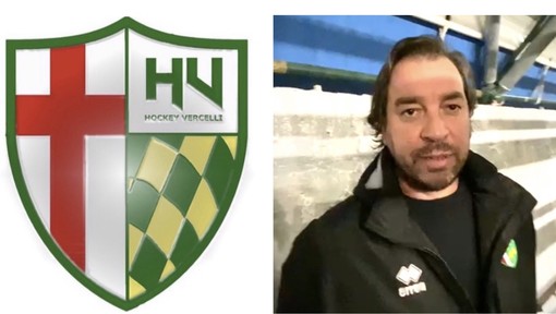 A sinistra lo stemma di Engas Hockey Vercelli, a destra il direttore sportivo di HV, Davide Costanzo