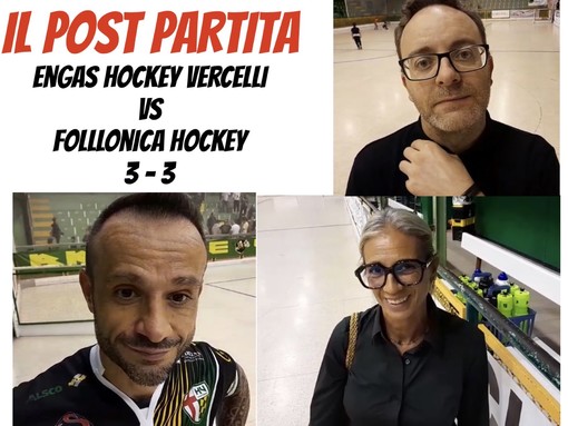 In alto a destra: mister Sergi Punset. In basso da sinistra: il capitano Massimo Tataranni e la presidente di Engas Hockey Vercelli, Marta Ferretti