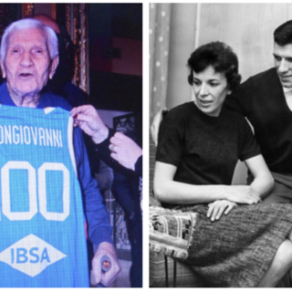 Giorgio Bongiovanni che festeggia le 100 candeline e, a destra, un'immagine con la moglie, Franca Ronchetti (mancata nel 2018).