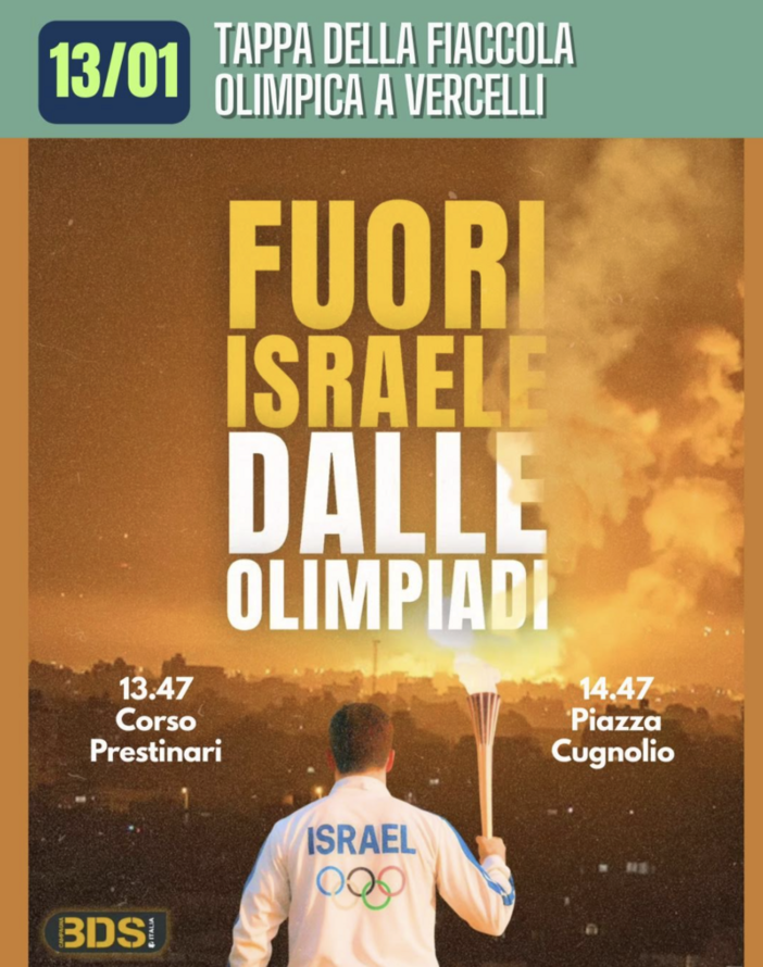 A Vercelli la Fiaccola delle Olimpiadi, nonostante Isarele  abbia ucciso oltre 800 sportivi tra atleti e dirigenti e distrutto le strutture sportive palestinesi