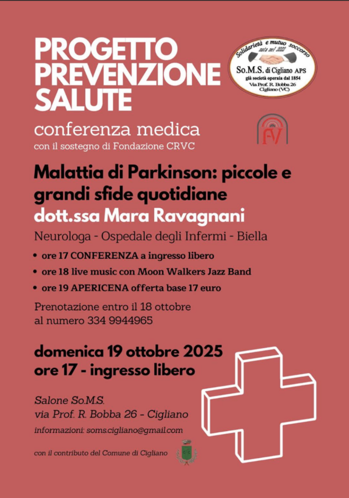 Soms Cigliano, conferenza su "Malattia di Parkinson: piccole e grandi sfide quotidiane" Soms Cigliano, conferenza su "Malattia di Parkinson: piccole e grandi sfide quotidiane"