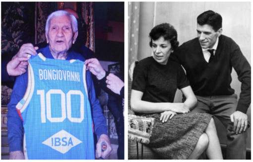 Giorgio Bongiovanni che festeggia le 100 candeline e, a destra, un'immagine con la moglie, Franca Ronchetti (mancata nel 2018).