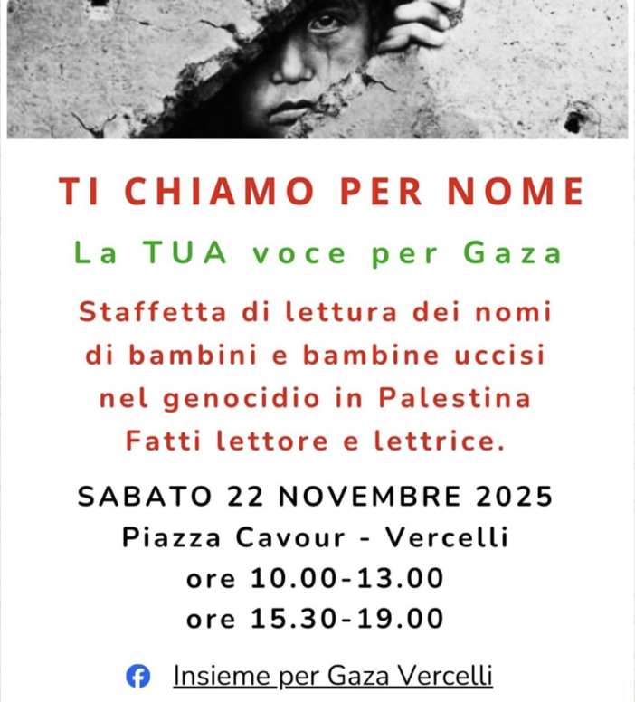 Sabato in piazza Cavour, staffetta della lettura dei nomi dei bimbi sterminati a Gaza