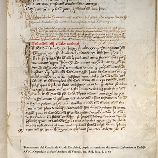 La copia autenticata dal testamento di Guala Bichieri conservata nel fondo dell'ospedale Sant'Andrea