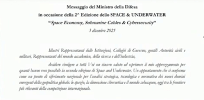 Crosetto: "Fondali marini e spazio orbitale nuovi snodi essenziali per sicurezza" Crosetto: "Fondali marini e spazio orbitale nuovi snodi essenziali per sicurezza"